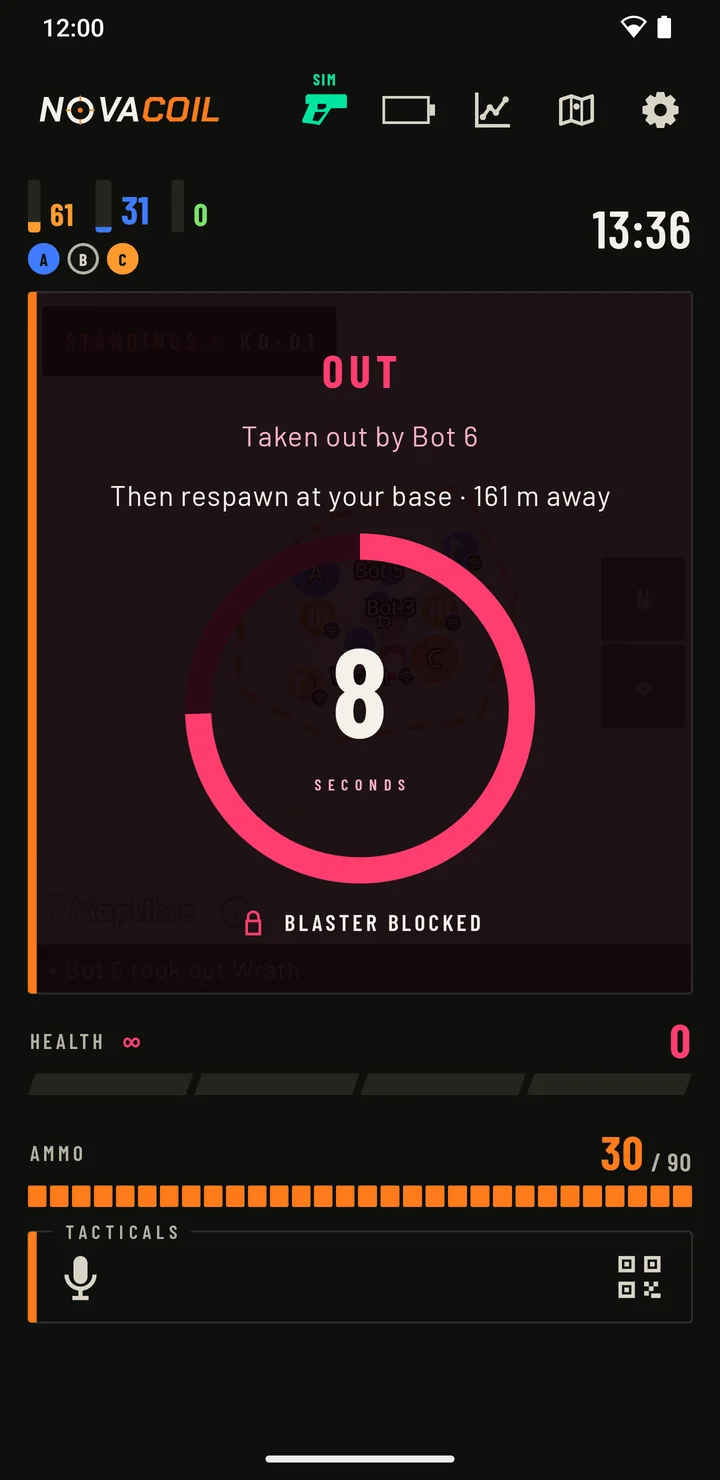 Eliminated screen with the respawn countdown