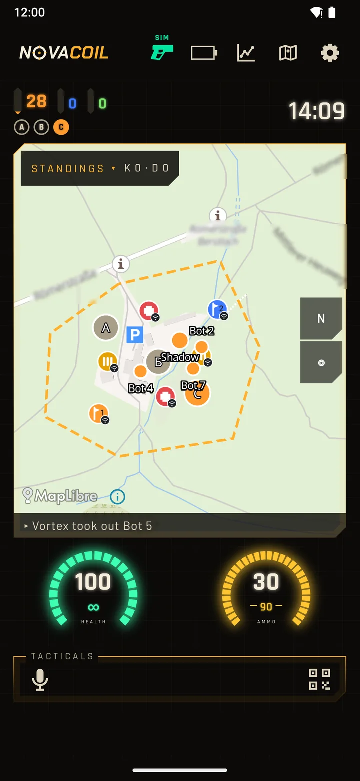 Player screen with the live map, health and ammo