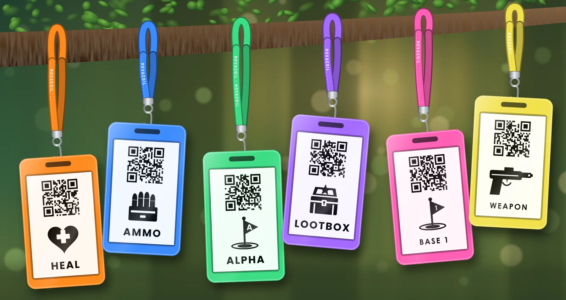 The printable NovaCoil QR cards: healing, ammo, armor, loot boxes, weapons and control points