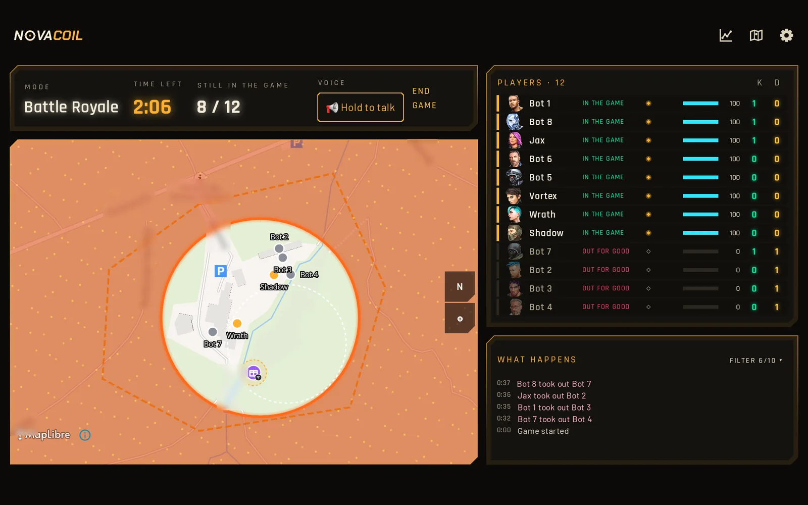 Game master tablet in a Battle Royale: shrinking zone on the map and the player list